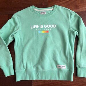 Life Is Good Sweatshirt Women Green Long Sleeve Crew Spread Warm Top Size XS